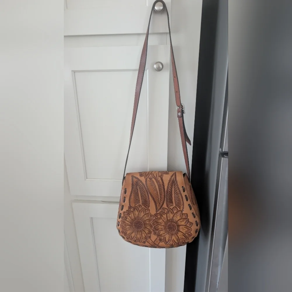 Sunflower Embossed Tan Leather Crossbody Bag Unique Personalized Leather Bag